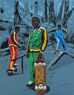 Painting, Life as a Roller-coaster 2 - 21st Century, Contemporary, Figurative, Men Skating, Eyitayo Alagbe