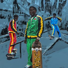 Painting, Life as a Roller-coaster 2 - 21st Century, Contemporary, Figurative, Men Skating, Eyitayo Alagbe