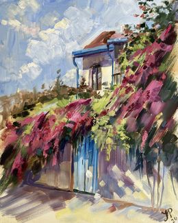 Peinture, Old Cyprus village Lania in Blooming bougainvillea, July Kinart (Prykina)