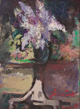 Gemälde, Les lilas (papier préparé et contre collé sur bois), Fabienne Comte