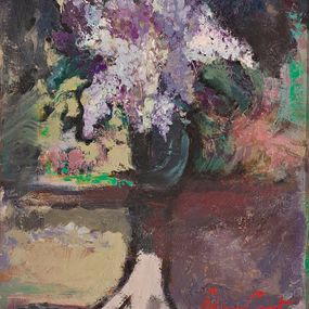 Gemälde, Les lilas (papier préparé et contre collé sur bois), Fabienne Comte
