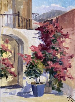 Painting, Blooming Bougainvillea in Old Cyprus village, July Kinart (Prykina)