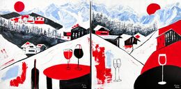 Painting, Diptych: après-ski wine delight in the snowy Alps, Kristina Mallen