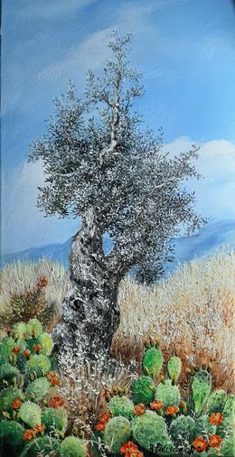 Painting, Olive tree with cacti in blossom, Kaiti Deligeorgi