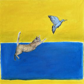 Peinture, Minimalist Cat & Bird Chase – Contemporary Abstract Oil Artwork, Victo