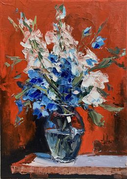 Peinture, Bouquet of White flowers and bluebells in a blue vase on red. Still life., Schagen Vita