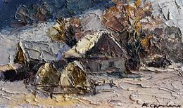 Gemälde, Winter village evening, Boris Serdyuk