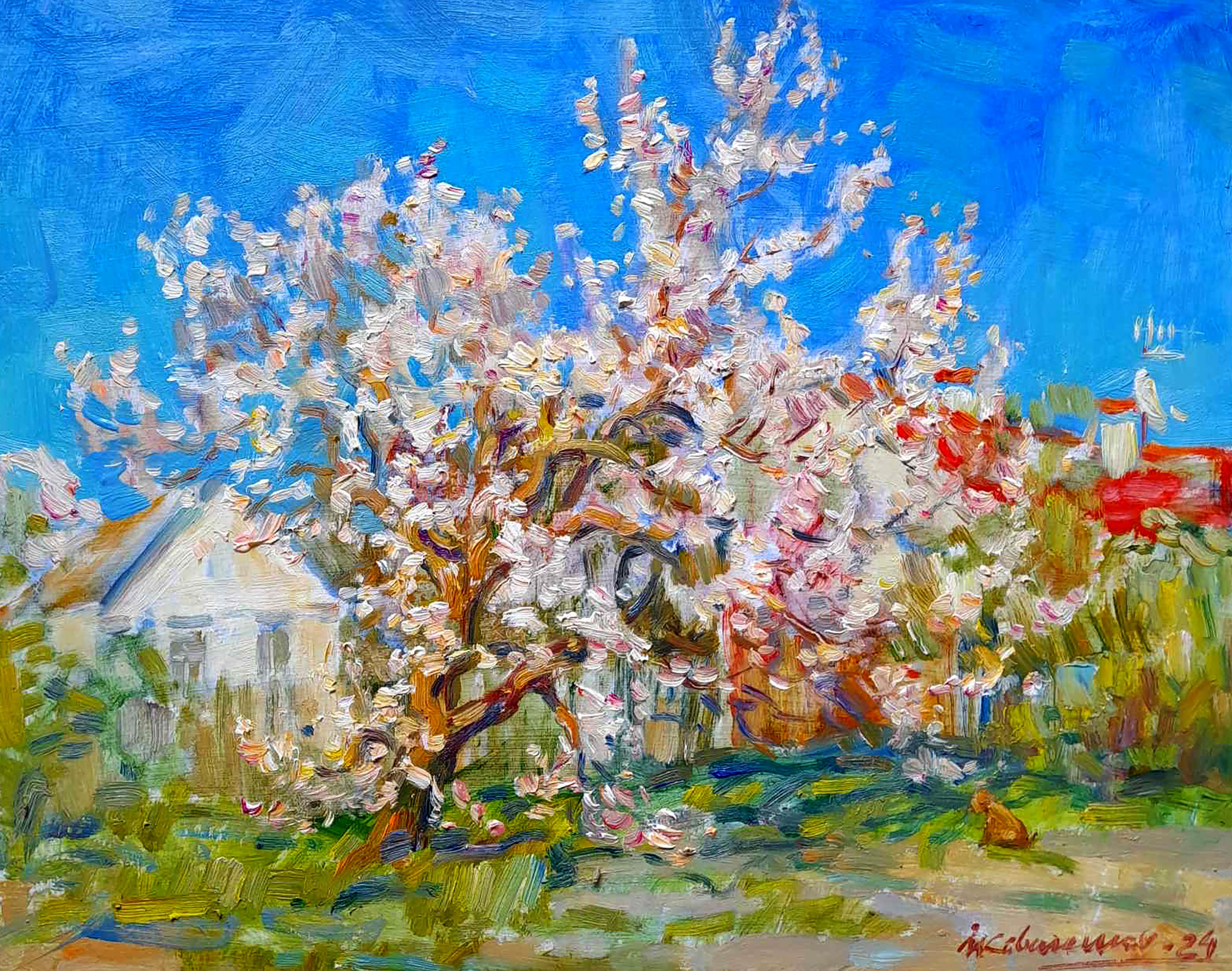 Kovalenko Ivan, Dog near a flowering tree Kovalenko Ivan, Dog near a flowering tree