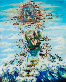 Gemälde, L'homme aux dauphins - Paysage marin fantastique, Michèle Vincent