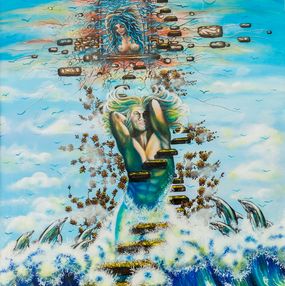Gemälde, L'homme aux dauphins - Paysage marin fantastique, Michèle Vincent