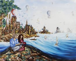 Gemälde, Les trois éléments - Paysage fantastique, Michèle Vincent