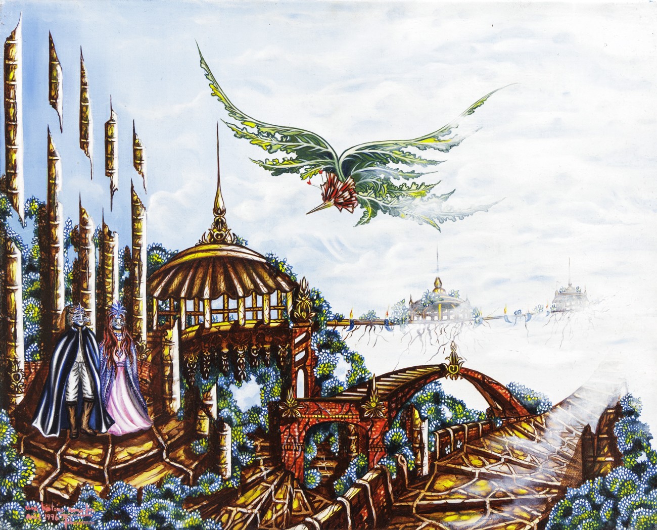 Michèle Vincent, Paysage fantastique au dragon - Ville dans les nuages Michèle Vincent, Paysage fantastique au dragon - Ville dans les nuages