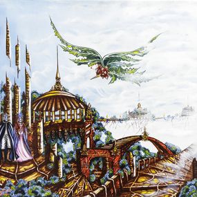 Gemälde, Paysage fantastique au dragon - Ville dans les nuages, Michèle Vincent