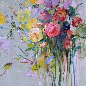 Painting, Roses on navy blue . Bouquet a la prima, Helen Shukina