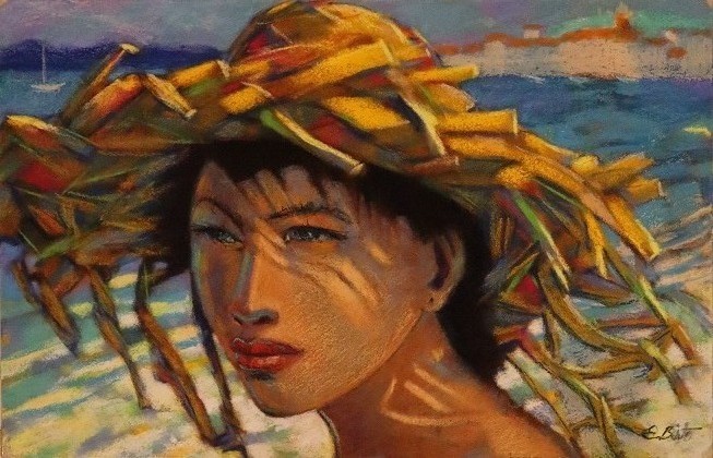 Brito Esteves, Fille au chapeau de paille sur la plage Brito Esteves, Fille au chapeau de paille sur la plage