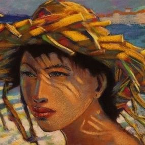 Gemälde, Fille au chapeau de paille sur la plage, Brito Esteves
