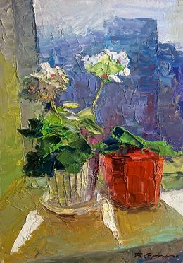 Gemälde, Flowers on the windowsill, Boris Serdyuk