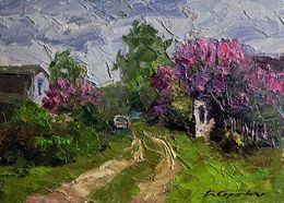 Gemälde, Lilac growing in the village, Boris Serdyuk