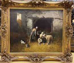 Peinture, Woman tending to her sheep in a rustic stable setting, Franck Brissot