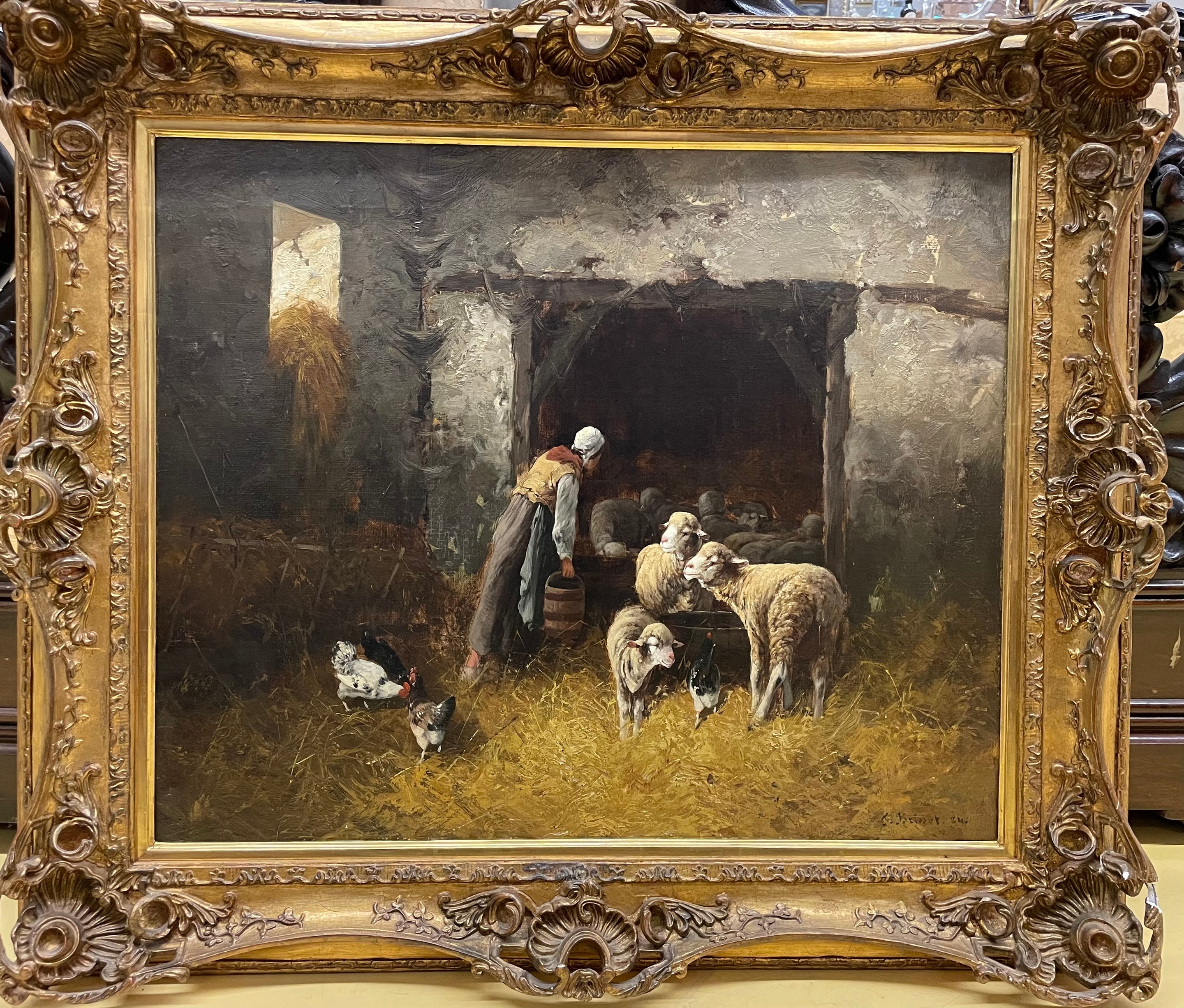 Franck Brissot, Woman tending to her sheep in a rustic stable setting Franck Brissot, Woman tending to her sheep in a rustic stable setting