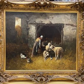 Gemälde, Woman tending to her sheep in a rustic stable setting, Franck Brissot