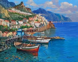 Gemälde, Old harbour with boats - Amalfi Italy painting, Vincenzo Somma