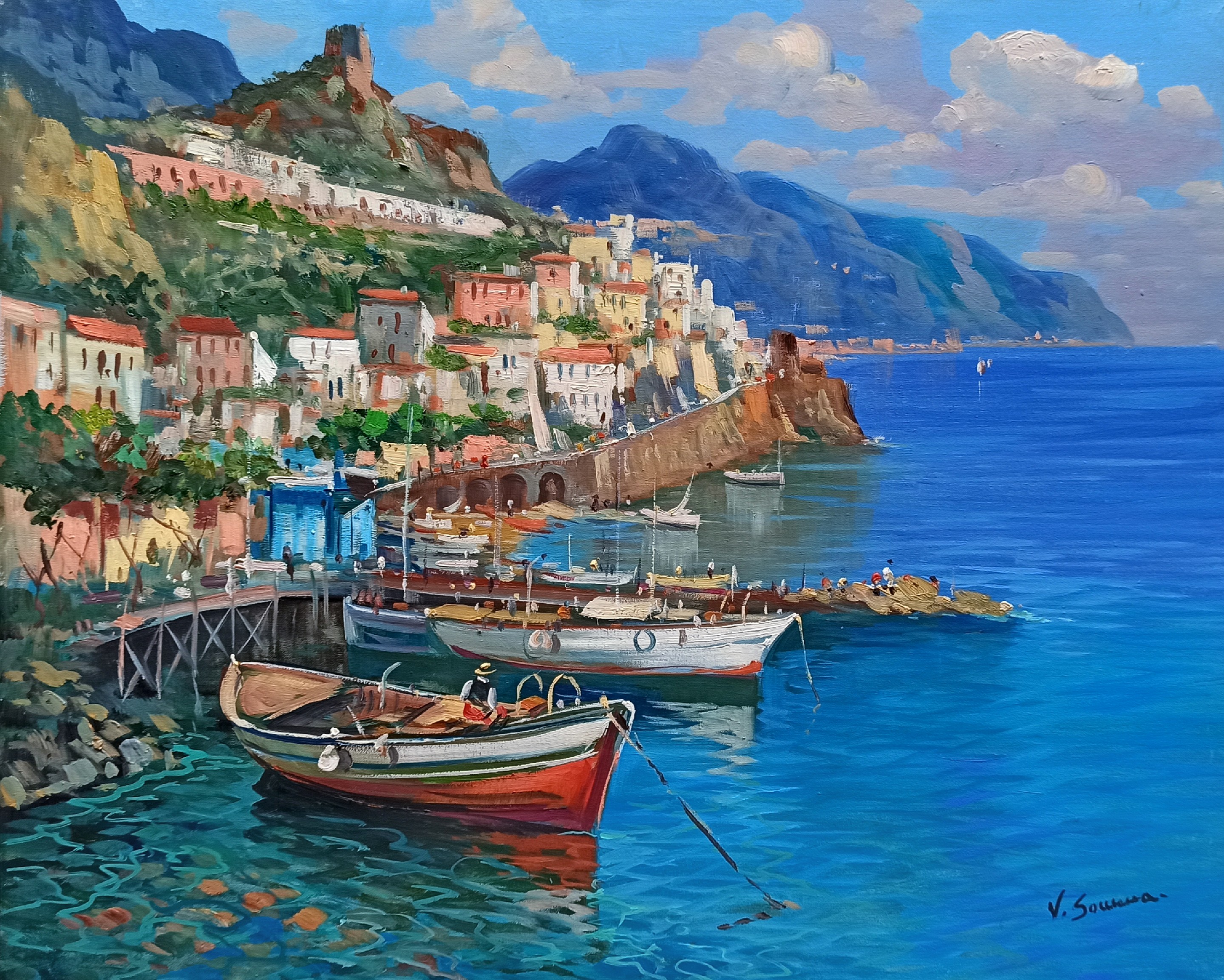 Vincenzo Somma, Old harbour with boats - Amalfi Italy painting Vincenzo Somma, Old harbour with boats - Amalfi Italy painting