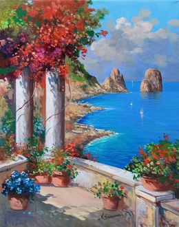 Gemälde, Terrace on the sea stacks vertical version - Capri Italy painting, Vincenzo Somma