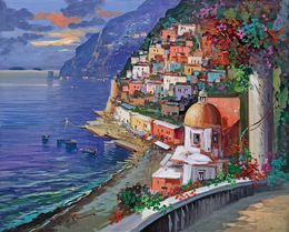 Painting, A peaceful sunset - Positano Italy painting, Vincenzo Somma