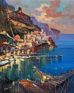 Painting, Towards the evening vertical version - Amalfi Italy painting, Vincenzo Somma