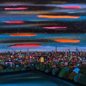 Painting, Futuristic London at night from Nunhead Reservoir, Maria Luisa Azzini