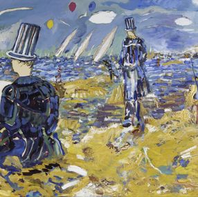 Gemälde, La Grève II - Scène de vie onirique inspiré du paysage d'Hourtin plage, presqu'île du Médoc, Ti Ban