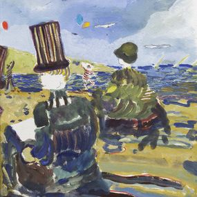 Gemälde, La Grève ,Alla Prima - Scène de vie onirique inspiré du paysage d'Hourtin plage, presqu'île du Médoc, Ti Ban