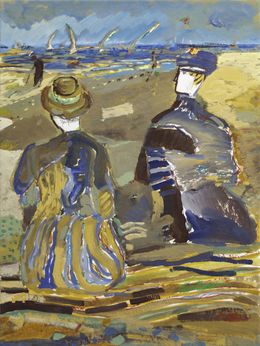 Gemälde, Les Sables II, Alla Prima - Scène de vie onirique inspiré du paysage d'Hourtin plage, presqu'île du Médoc, Ti Ban