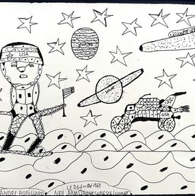 Dessin, Neil Armstrong sur le sol lunaire, André Robillard