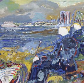 Gemälde, L'Anse II- Scène de vie onirique inspiré du paysage d'Hourtin plage, presqu'île du Médoc, Ti Ban