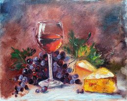 Gemälde, Still Life with Grapes, Wine and Cheese, Eleonora Taranova