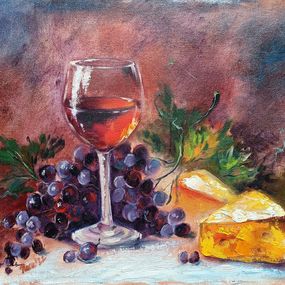 Gemälde, Still Life with Grapes, Wine and Cheese, Eleonora Taranova
