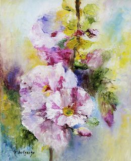 Gemälde, Les roses trémières - Fleurs sur tige, Fabienne Dalgarno