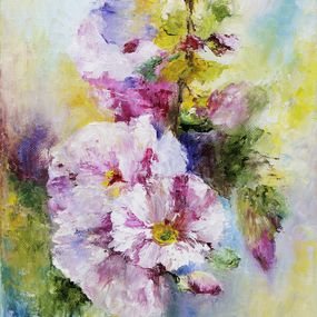 Gemälde, Les roses trémières - Fleurs sur tige, Fabienne Dalgarno