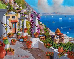 Gemälde, Flowery view on the sea - Positano Italy painting, Silvio Valli