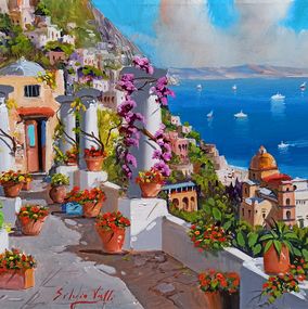 Gemälde, Flowery view on the sea - Positano Italy painting, Silvio Valli