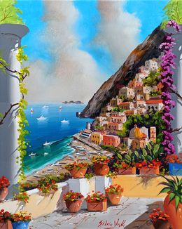 Painting, Vertical window on the coast - Positano Italy painting, Silvio Valli