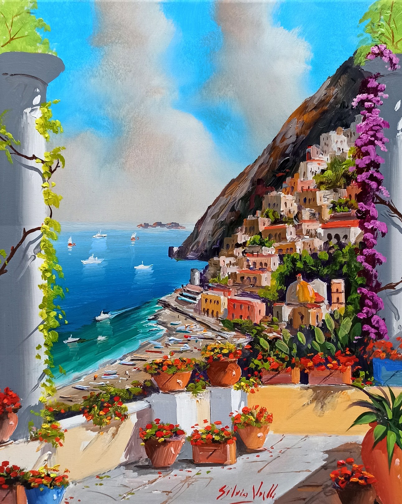 Silvio Valli, Vertical window on the coast - Positano Italy painting Silvio Valli, Vertical window on the coast - Positano Italy painting