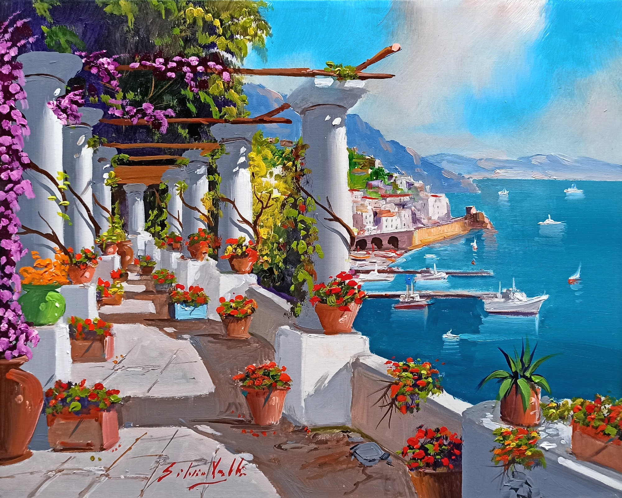 Silvio Valli, Old terrace with flowers - Amalfi Italy painting Silvio Valli, Old terrace with flowers - Amalfi Italy painting