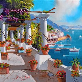 Gemälde, Old terrace with flowers - Amalfi Italy painting, Silvio Valli