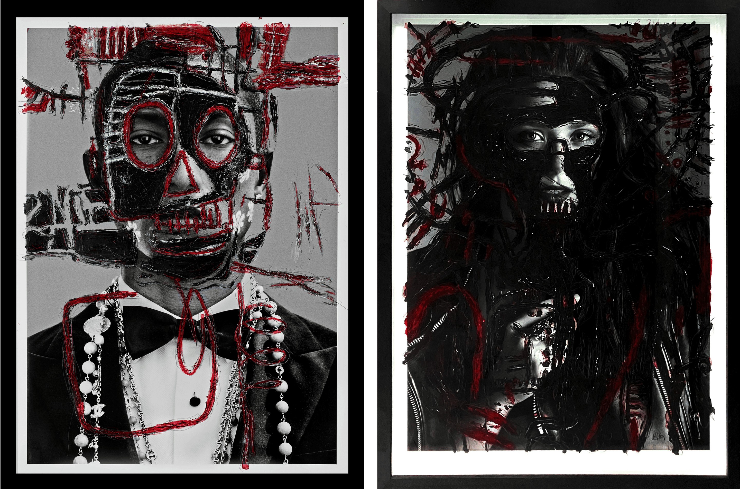 Hunter & Gatti, Pharrell B&W and, Elizabeth Olsen, Diptych. Intervened by the artists. Hunter & Gatti, Pharrell B&W and, Elizabeth Olsen, Diptych. Intervened by the artists.