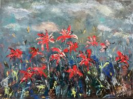 Gemälde, Red Lilies under a storm cloud, ShuJie Wang
