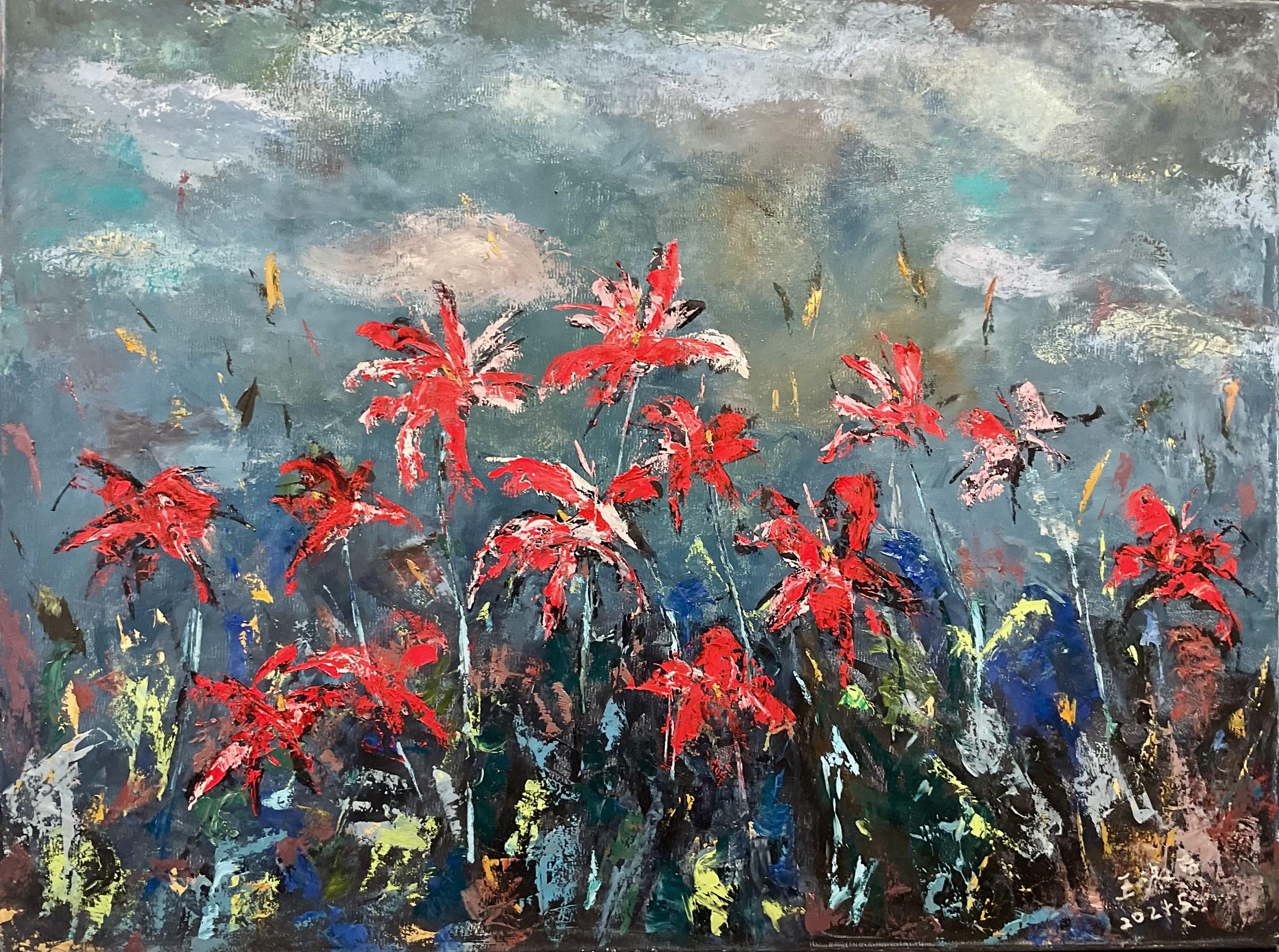 ShuJie Wang, Red Lilies under a storm cloud ShuJie Wang, Red Lilies under a storm cloud