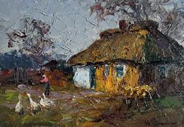 Gemälde, Geese in the yard, Boris Serdyuk